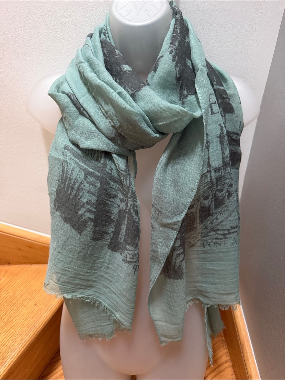 Vintage Paris Landmark Print Wrap Scarf Sage Green Grey Eiffel Tower